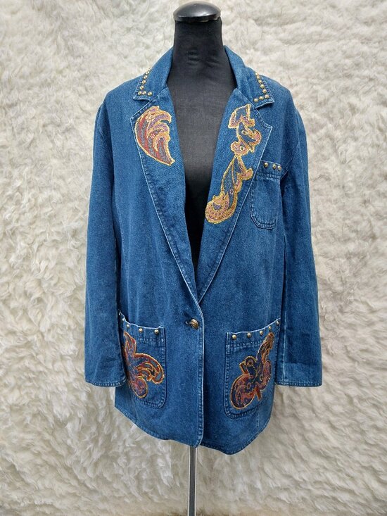 Bianca Jackets & Blazers - Vintage Bianca Women's Blue Studded Denim Jacket with Embroidered Paisley 10